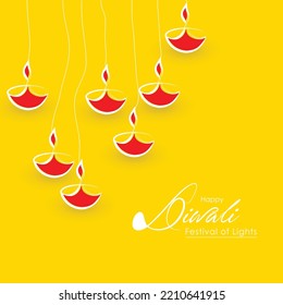 Diwali greeting card with beautiful lotus hanging lamp illustration with black background. Happy Diwali, festival of lights, design illustration card, poster. Beautiful Hanging oil lamps.