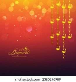 Diwali greeting card with beautiful lotus hanging lamp illustration with red background. Happy Diwali, festival of lights, design illustration card. Beautiful Hanging oil lamps.