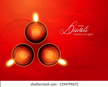 Diwali greeting card with beautiful oil lamp and rangoli illustration with shiny background.Shubh Deepawali with design illustration card.Top view of oil lamps 