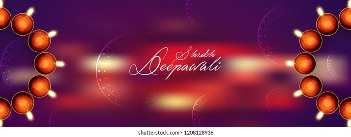 Diwali greeting card with beautiful oil lamp and Rangoli illustration with shiny background.Happy Diwali illustration card. Illuminated oil lamp on red brush stroke background.Top view of oil lamps.