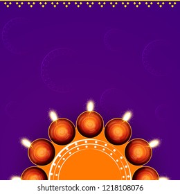 Diwali greeting card with beautiful oil lamp illustration with textured background. Happy Diwali, festival of lights, design card,banner,poster. Oil lamps for shubh Deepawali. Top view of oil lamps.