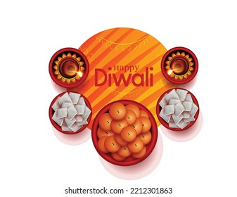 Diwali greeting card with beautiful oil lamp and rangoli illustration with shiny background. Shubh Deepawali with design illustration card. Top view of oil lamps.