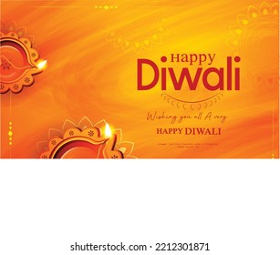 Diwali greeting card with beautiful oil lamp and rangoli illustration with shiny background. Shubh Deepawali with design illustration card. Top view of oil lamps.