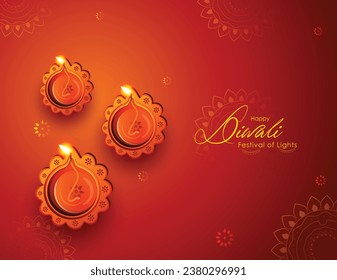 Diwali greeting card with beautiful oil lamp and Rangoli illustration with shiny background. Shubh Deepawali with design illustration card. Top view of oil lamps.