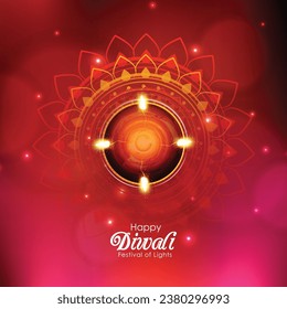 Diwali greeting card with beautiful oil lamp and Rangoli illustration with shiny background. Shubh Deepawali with design illustration card. Top view of oil lamps.