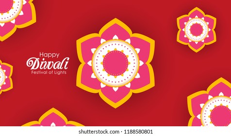 Diwali greeting card with beautiful rangoli illustration with red background. Happy Diwali, Festival of lights,design illustration card.