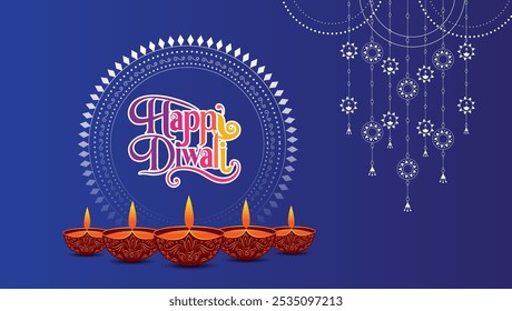 Cartão de saudação Diwali com fundo azul Quadros de mandala circular Feliz Diwali em fonte decorativa Diyas linha a parte inferior Decorações penduradas adicionar toque festivo