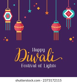 Diwali greeting card. Holiday background for celebrating Indian festival of lights. Vector illustration in flat cartoon style