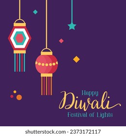 Diwali greeting card. Holiday background for celebrating Indian festival of lights. Vector illustration in flat cartoon style