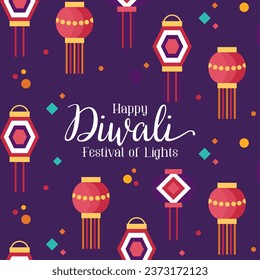 Diwali greeting card. Holiday background for celebrating Indian festival of lights. Vector illustration in flat cartoon style
