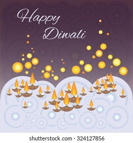 Diwali greeting card with lamps in river on the dark night sky stylized new modern cirlces vector image sparkles of fire with holiday mood 
