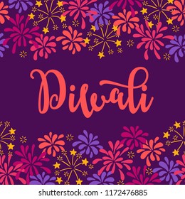 Diwali greeting card with seamless border - stars, fireworks. Perfect for Indian light festival