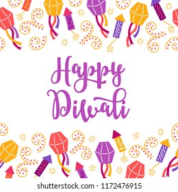 Diwali greeting card with seamless border - lanterns, swirl, stars. Perfect for Indian light festival