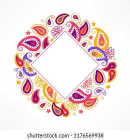 Diwali greeting card with stars, paisley, flowers and rhombus  blank label with copy space. Perfect for festival of lights and holiday invitations.