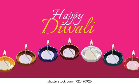 Diwali greeting card Vector artwork using traditional illuminated oil clay lamp or Diya with happy diwali text
