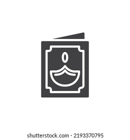 Diwali greeting card vector icon. filled flat sign for mobile concept and web design. Greeting card with diya lamp glyph icon. Symbol, logo illustration. Vector graphics