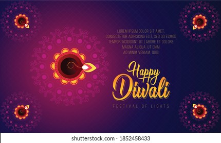 Diwali Greeting, Card, Wishes, Festival, With Diyas, Mandalas, And Dark Purple Background