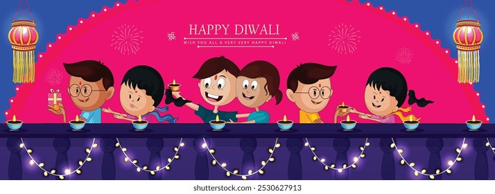 Tarjetas de felicitación de Diwali, Anuncio con lámparas de diya indias y Ilustración vectorial de fondo decorativo.

