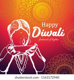 Diwali greeting design with colorful theme and hand drawn a child women giving a burning diya. Creative vector design for celebration of hindu community.