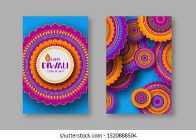 Diwali greeting posters with 3d paper cut Indian rangoli. Festival of lights design. Blue bright colors. Hand written greeting text. Vector illustration.