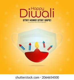 Diwali greetings illustration in the pandemic. Pandemic Diwali. mask, firecrackers and diyas. Covid Coronavirus concept.