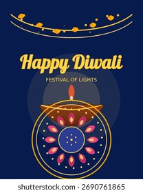 Diwali saludos con la lámpara y el patrón de flores