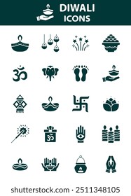 Diwali hindu celebration elements, line icons