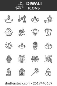 Diwali hindu celebration elements, line icons