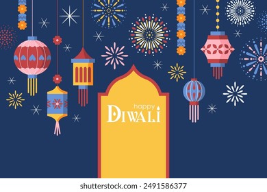 Diwali Hindu festival background with traditional lanterns. Greeting card, banner or poster template design