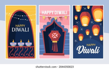 Diwali Hindu festival banner design set with traditional lantern. Greeting card, banner or poster template design