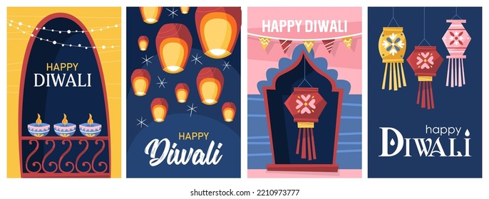 Diwali Hindu festival banner design set with traditional lantern. Greeting card, banner or poster template design