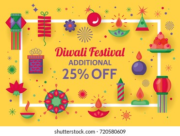 Diwali Hindu festival banner design with modern flat elements. Sale concept