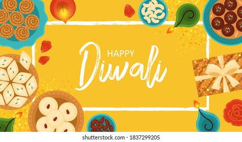 Diwali Hindu Festival Concept With Diya Lamps, Sweet Dessert Food And Candles. Vector Illustration