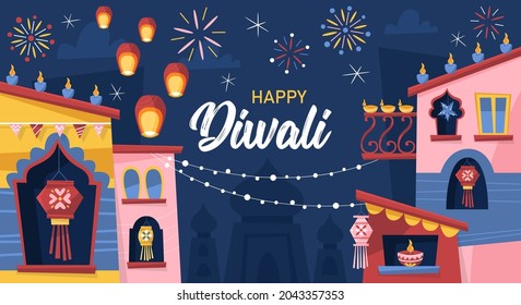 Diwali Hindu festival concept with India town decorated for holiday. Greeting card, banner or poster template design