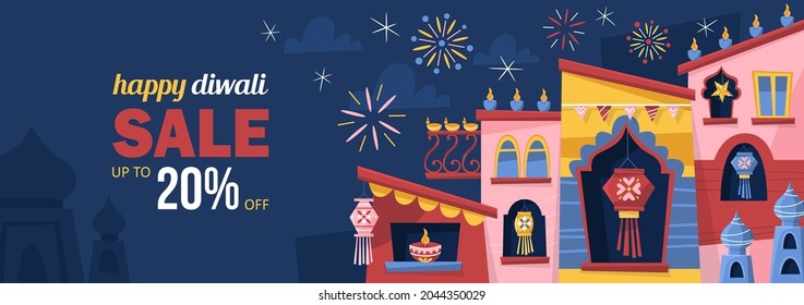 Diwali Hindu festival concept with India town decorated for holiday. Greeting card, banner or poster template design