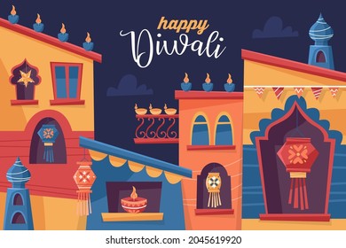 Diwali Hindu festival concept with India town decorated for holiday. Greeting card, banner or poster template design