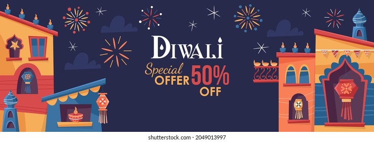 Diwali Hindu festival concept with India town decorated for holiday. Greeting card, banner or poster template design