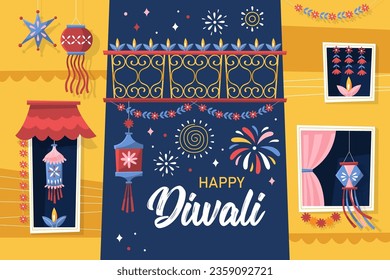 El concepto del festival hindú Diwali con el pueblo indio decorado para las vacaciones. Diseño de la tarjeta de saludo, el banner o la plantilla de afiches. Ilustración del vector