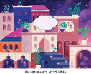 Diwali Hindu festival concept with India town decorated for holiday. Greeting card, banner or poster template design
