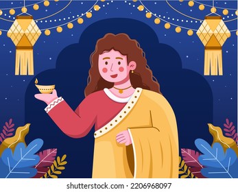 Diwali Hindu festival Design Illustration with Indian girl holding diya on hand.
A Woman Celebrating Happy Diwali.
Suitable for greeting card, poster, web, print, postcard, etc