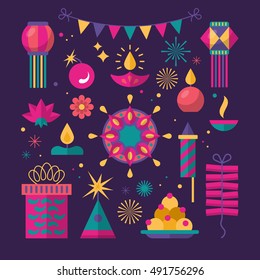 Diwali Hindu festival flat modern elements for graphic and web design.