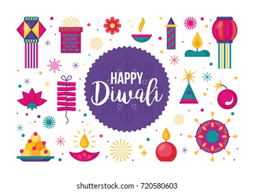 Diwali Hindu festival flat modern elements set for graphic and web design