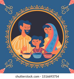 Diwali Hindu festival greeting card design with cute family characters. Childish print for card, stickers and party invitations. Vector illustration