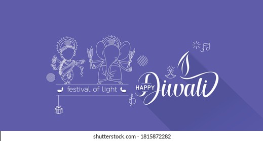 Diwali Hindu festival greeting card, Hand Drawn line art Vector illustration.