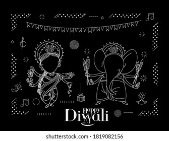 Diwali Hindu festival greeting card, Hand Drawn line art Vector illustration.