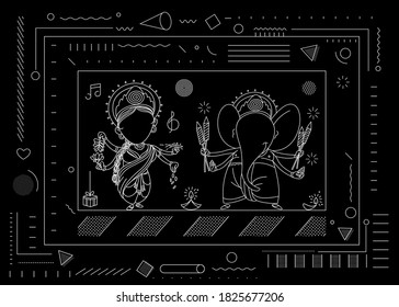 Diwali Hindu festival greeting card, Hand Drawn line art Vector illustration.