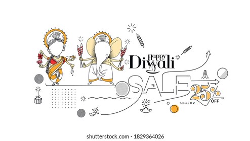 Diwali Hindu festival greeting card, Abstract flat line poster banner with flat 25% sale Vector illustration.