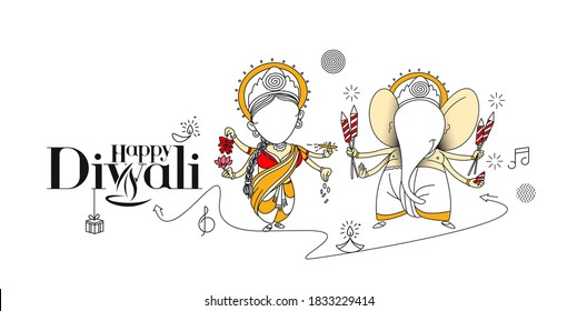 Diwali Hindu festival greeting card, Hand Drawn line art Vector illustration.