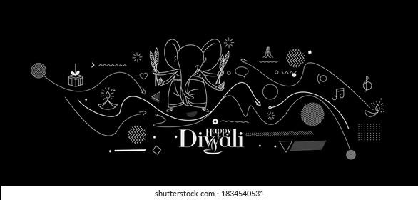 Diwali Hindu festival greeting card, Hand Drawn line art Vector illustration.
