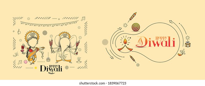 Diwali Hindu festival greeting card, Hand Drawn line art Vector illustration.